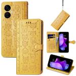 For Tecno Spark 9T Cat and Dog Embossed Leather Phone Case(Yellow)
