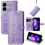 For Tecno Spark 9T Cat and Dog Embossed Leather Phone Case(Purple)