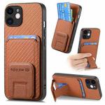 For iPhone 12 Carbon Fiber Card Bag Fold Stand Phone Case(Brown)