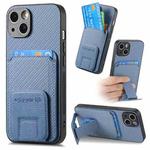 For iPhone 15 Carbon Fiber Card Bag Fold Stand Phone Case(Blue)