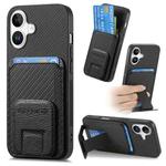 For iPhone 16 Carbon Fiber Card Bag Fold Stand Phone Case(Black)