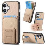 For iPhone 16 Carbon Fiber Card Bag Fold Stand Phone Case(Khaki)