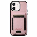 For iPhone 12 / 12 Pro Suteni H03 Litchi Leather Card Bag Stand Back Phone Case(Pink)