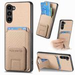 For Samsung Galaxy S22 5G Carbon Fiber Card Bag Fold Stand Phone Case(Khaki)