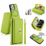 For iPhone 15 Pro Max MagSafe Crossbody Multi-functional Zipper Wallet Litchi Leather Phone Case(Green)