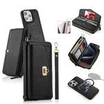 For iPhone 15 Pro MagSafe Crossbody Multi-functional Zipper Wallet Litchi Leather Phone Case(Black)