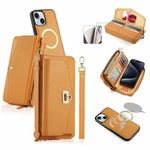 For iPhone 15 Plus MagSafe Crossbody Multi-functional Zipper Wallet Litchi Leather Phone Case(Orange)