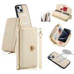 For iPhone 15 MagSafe Crossbody Multi-functional Zipper Wallet Litchi Leather Phone Case(White)