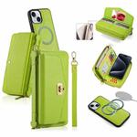 For iPhone 15 MagSafe Crossbody Multi-functional Zipper Wallet Litchi Leather Phone Case(Green)