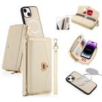 For iPhone 14 Plus MagSafe Crossbody Multi-functional Zipper Wallet Litchi Leather Phone Case(White)