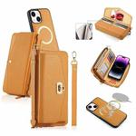 For iPhone 14 Plus MagSafe Crossbody Multi-functional Zipper Wallet Litchi Leather Phone Case(Orange)