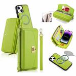 For iPhone 14 Plus MagSafe Crossbody Multi-functional Zipper Wallet Litchi Leather Phone Case(Green)