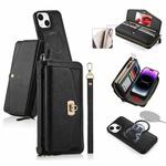 For iPhone 14 Plus MagSafe Crossbody Multi-functional Zipper Wallet Litchi Leather Phone Case(Black)