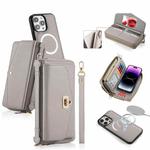 For iPhone 14 Pro Max MagSafe Crossbody Multi-functional Zipper Wallet Litchi Leather Phone Case(Grey)