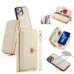 For iPhone 13 Pro MagSafe Crossbody Multi-functional Zipper Wallet Litchi Leather Phone Case(White)