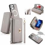 For iPhone 13 Pro MagSafe Crossbody Multi-functional Zipper Wallet Litchi Leather Phone Case(Grey)