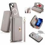 For iPhone 13 MagSafe Crossbody Multi-functional Zipper Wallet Litchi Leather Phone Case(Grey)