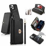 For iPhone 12 Pro Max MagSafe Crossbody Multi-functional Zipper Wallet Litchi Leather Phone Case(Black)