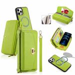 For iPhone 12 Pro MagSafe Crossbody Multi-functional Zipper Wallet Litchi Leather Phone Case(Green)