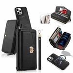 For iPhone 12 Pro MagSafe Crossbody Multi-functional Zipper Wallet Litchi Leather Phone Case(Black)