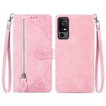 For TCL 40 XE Embossed Flower Zipper Leather Phone Case(Pink)