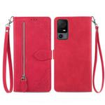 For TCL 40 XL Embossed Flower Zipper Leather Phone Case(Red)