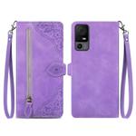 For TCL 40 XL Embossed Flower Zipper Leather Phone Case(Purple)