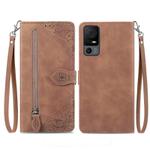 For TCL 40 XL Embossed Flower Zipper Leather Phone Case(Brown)