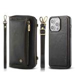 For iPhone 15 Pro Max Crossbody Multi-functional Zipper Wallet Leather Phone Case(Black)