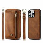 For iPhone 13 Pro Max Crossbody Multi-functional Zipper Wallet Leather Phone Case(Brown)