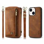 For iPhone 13 Crossbody Multi-functional Zipper Wallet Leather Phone Case(Brown)