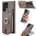 For Samsung Galaxy S22 Ultra 5G Litchi Leather Oil Edge Ring Zipper Wallet Back Phone Case(Grey)