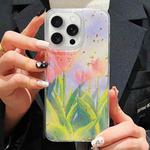For iPhone 15 Pro Max Gold Foil Oil Painting Epoxy TPU Phone Case(Pink Tulips)
