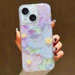 For iPhone 15 Gold Foil Oil Painting Epoxy TPU Phone Case(Blue and Purple Flowers)