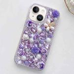 For iPhone 15 Rose Hand-set Diamond PC Phone Case(Purple)