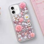 For iPhone 16 Rose Hand-set Diamond PC Phone Case(Pink)