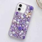 For iPhone 16 Rose Hand-set Diamond PC Phone Case(Purple)