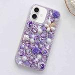 For iPhone 16 Plus Rose Hand-set Diamond PC Phone Case(Purple)