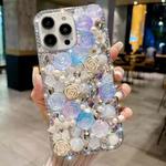 For iPhone 15 Pro Max Rose Hand-set Pearl Diamond PC Phone Case(Blue)