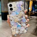 For iPhone 12 Rose Hand-set Pearl Diamond PC Phone Case(Blue)