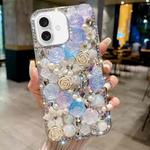 For iPhone 16 Rose Hand-set Pearl Diamond PC Phone Case(Blue)