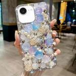 For iPhone 16e Rose Hand-set Pearl Diamond PC Phone Case(Blue)