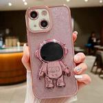 For iPhone 15 Plus Glitter Electroplating Astronaut Holder Phone Case(Pink)