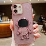 For iPhone 11 Glitter Electroplating Astronaut Holder Phone Case(Pink)