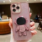 For iPhone 11 Pro Glitter Electroplating Astronaut Holder Phone Case(Pink)