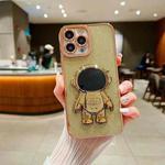 For iPhone 12 Pro Glitter Electroplating Astronaut Holder Phone Case(Gold)