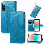 For Sony Xperia 10 IV Butterfly Love Flower Embossed Leather Phone Case(Blue)