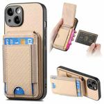 For iPhone 15 Plus Carbon Fiber Vertical Flip Wallet Stand Phone Case(Khaki)