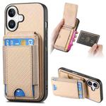 For iPhone 16 Plus Carbon Fiber Vertical Flip Wallet Stand Phone Case(Khaki)