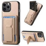 For iPhone 12 Pro Max Carbon Fiber Fold Stand Elastic Card Bag Phone Case(Khaki)